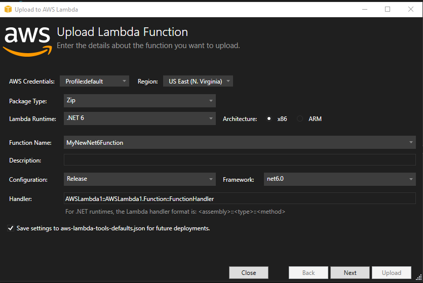 Lambda Function Creation Screen